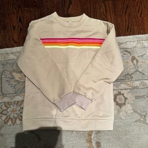 Women’s tan Beige Sweat outfit with Multicolor Stripes. Top and bottom.